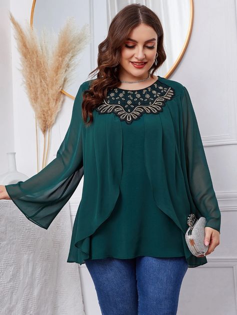 Plus Flower Embroidered Trumpet Sleeve Overlay Blouse | SHEIN EUR Overlay Blouse, Fall Plus Size, Trumpet Sleeve, Floral Tunic, Plus Size Top, Shein Style, Plus Size Blouses, Curvy Fashion, Embroidered Flowers