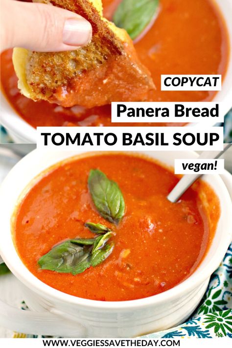 Want to make the famous Panera Tomato Basil Soup at home? This healthy vegan copycat version is creamy, comforting, and easy to make in under 30 minutes! #paneratomatosoup #copycatrecipe #vegantomatosoup #vegan #tomatobasilsoup #veggiessavetheday Panera Tomato Basil Soup, Vegan Copycat, Tomato Basil Soup Recipe, Vegan Tomato Soup, Creamy Tomato Basil Soup, Copycat Panera, Basil Soup, Tomato Basil Soup, Vegan Soup Recipes