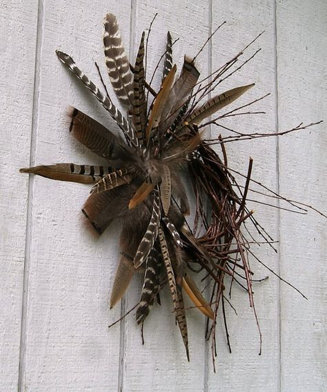 Pheasant Feather Decor, Twig Wreaths, Feather Arrangements, Antler Wreath, Feather Crafts Diy, Deer Antler Decor, Abandoned Farm, Feather Wreath, Fun Wreath