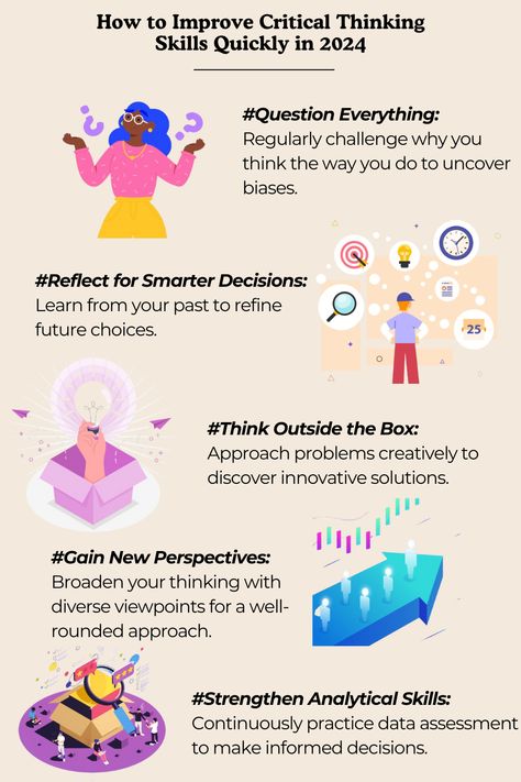 Want to improve your critical thinking skills fast in 2024? This guide breaks down 5 powerful techniques you can start using today! From questioning everything to strengthening analytical skills, you’ll learn how to approach problems more creatively and make smarter decisions. Perfect for anyone looking to boost their mental sharpness for personal growth or business success. Pin now and discover how these tips can help you level up your critical thinking in just weeks! Critical Thinking Skills Activities, Intellectual Health, Analytical Thinking, Analytical Skills, Question Everything, Study Material, Critical Thinking Skills, Thinking Skills, Business Success