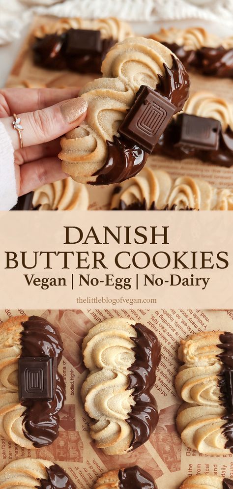 Tall pinterest pin of vegan danish butter cookies. Gluten Free Dairy Free Vegan Desserts, Dairy Free Holiday Cookies, Vegan Danish, Vegan Pastry Recipes, Ms Recipes, Vegan Christmas Cookies, Danish Butter Cookies, Vegan Biscuits, Dairy Free Cookies