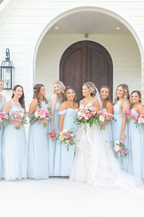 Weddings In July Ideas, Bridesmaids In Two Different Colors, August Color Wedding, Bridesmaid Dresses April Wedding, Colorful Bouquet Bridesmaids, July Wedding Palette, Summer Wedding Pallets Color Schemes, Blue Summer Wedding Colors, May Wedding Bridesmaid Dresses