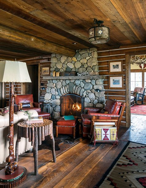 Mountain Cabin Decor, River Rock Fireplaces, Hickory Furniture, Rock Fireplaces, Cabin Interiors, Cabin Living, Cabin Style, Bunk House, Cabin Design