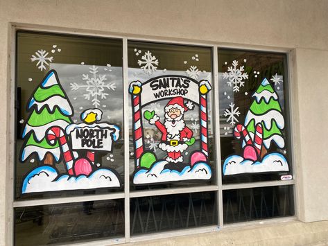 North Pole with Santa's workshop Window Painting Ideas, Painted Window Art, Christmas Window Painting, Window Mural, Winter Window, Christmas Window Decorations, Snowman Painting, Holiday Painting, Winter Painting