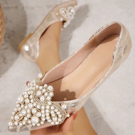 Women's Wedding Shoes Flats Slip-Ons Comfort Shoes Wedding Party Rhinestone Imitation Pearl Flat Heel Pointed Toe Elegant PU Black Apricot 2023 - US $24.99 Wedding Shoes Flats, Wedding Flats, Bridesmaid Shoes, Womens Wedding Shoes, Bride Shoes, Casual Lace, Stylish Shoes, Bridal Shoes, Bling Bling