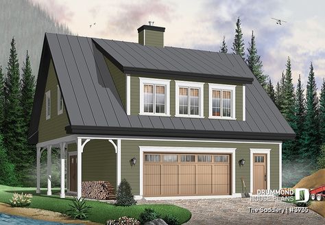 House plan 2 bedrooms, 2 bathrooms, garage, 3935 | Drummond House Plans Fireplace In The Middle, Cabin Garage, Garage Homes, Ceiling Fireplace, Plan Garage, Carriage House Garage, Cabin Designs, Barn Apartment, Garage Guest House