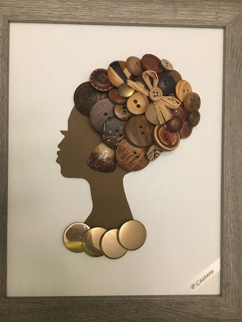 This is an African girl/lady button art, adorned brown antique, vintage and new buttons  jewelry pieces. This piece is ready to ship You will enjoy free shipping.  Sent priority Mail Each piece is unique. This is not a print... The artwork is on a 8" by 10" canvas board The piece is framed in a 10 1/2" by 12 1/2" glassless frame and ready to ship. Your item will be similar, each art piece is slightly different.. Also available in brown and gold buttons and accessories convo custom order Button Elephant Art, Quilling African Woman, Black And Gold African Art, African Beaded Artwork, Button Art On Canvas, Button Art Tree Of Life, African American Art Women, Metal Artwork Wall, Unique Canvas Art