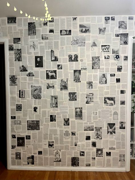 Newspaper Decoration Ideas, News Paper Wall Decor, Newspaper Wall Decor Ideas, Bookpage Decor, Diy Book Page Wall, Newspaper Wall Aesthetic, Wall Art With Newspaper, Wall Decor With Newspaper, Pages On Wall