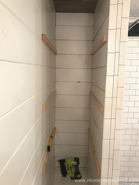 Learn how to build these easy and inexpensive bathroom shelves! These are perfect for that awkward space between your shower and wall. Shelves Over Toilet, Tile Remodel, Small Remodel, Bathroom Remodel Shower, Room Shelves, Basement Bathroom, Bathroom Redo, Large Bathrooms, Bath Room