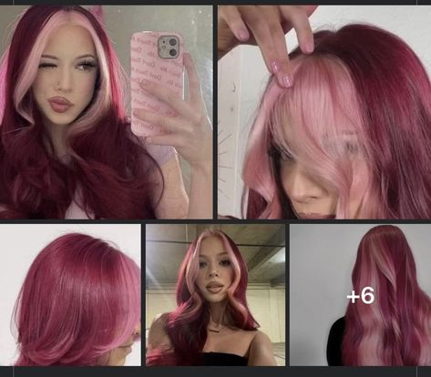 Hair Dye Inspo Long Hair, Deep Red And Pink Hair, Purple Hair With Pink Money Piece, Burgundy Hair With Pink Highlights, Color Placement Hair, Different Shades Of Pink Hair, Dark Red And Pink Hair, Red Hair Pink Outfit, Valentines Hair Color