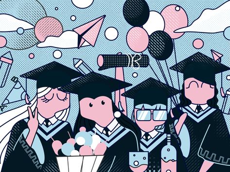 Graduation photo happy blue sky cloud balloon student pink blue girlfriend school graduation illustration #illustrations #design #blue #purple #red #neat #clean #dribbble #popular #colors #colours #art #creatives Graduation Art Illustration, Graduation Graphic Design, Graduate Illustration, Graduation Illustration, Types Of Art Styles, Memory Design, Graduation Art, Graduation Party Centerpieces, Blue Sky Clouds