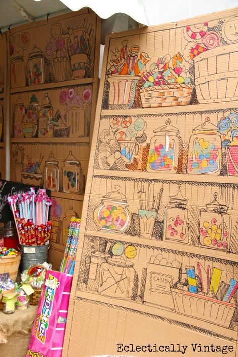 Sweet Shop Decoration Ideas, Candy Shop Party Decorations, Sweet Shop Drawing, Candy Store Illustration, Sweet Shop Decor, Craft Shop Ideas, Art Shop Interior Design, Old Candy Shop, Candy Store Interior