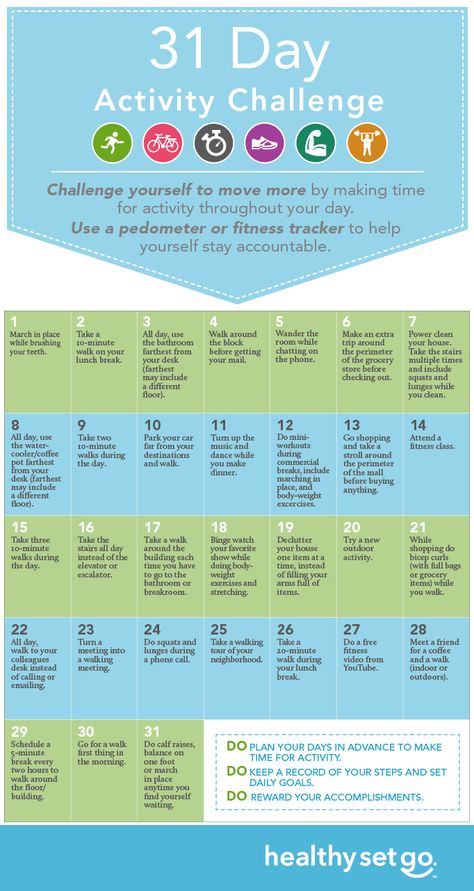 Get moving: 31 day activity challenge. 21 Day Home Challenge, Weekly Health Challenge Ideas, Fun Diet Challenges, 3o Day Challenge, 60 Soft Challenge, Health Challenge Ideas, 31 Day Workout Challenge, Wellness Challenge Ideas, Fitness Challenge For Beginners