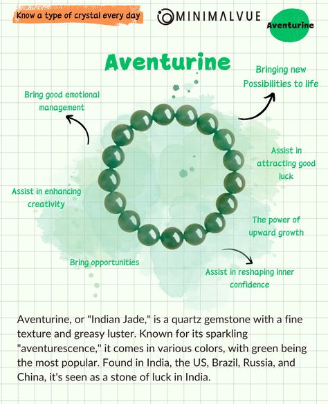 Know a type of ore every day 📒Aventurine ✨ Growing upwards The name "Aventurine" comes from the Italian "aventura," meaning "chance." Inspired by 18th-century Venetian "aventurine glass," this quartz stone, also called "Indian Jade," is known for its fine, lustrous texture and shimmering effect.#crystalmeanings #Aventurine #GemstoneHealing #GoodLuck #OpportunityStone #EmotionalBalance #CrystalEnergy #IndianJade #QuartzFamily #CreativityBoost #ConfidenceStone #HealingCrystals #PositiveEnergy Aventurine Meaning, Crystals Meanings, Natural Philosophy, Its Fine, Types Of Crystals, Peace And Harmony, Crystal Meanings, Energy Field, Energy Crystals