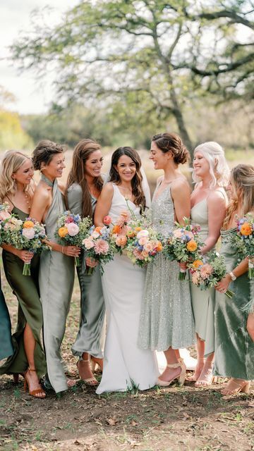 Hues Of Green Bridesmaid Dresses, Spring Bridesmaid Dresses Green, Sage Green Bridesmaid Dresses Colorful Flowers, Boho Spring Bridesmaid Dresses, Mix And Match Sage Green Bridesmaid Dresses, Sage Green Bridesmaid Flowers, Light Pink And Green Bridesmaid Dresses, Bridesmaids Dresses Green Mismatched, Wildflower Wedding Bridesmaids Green