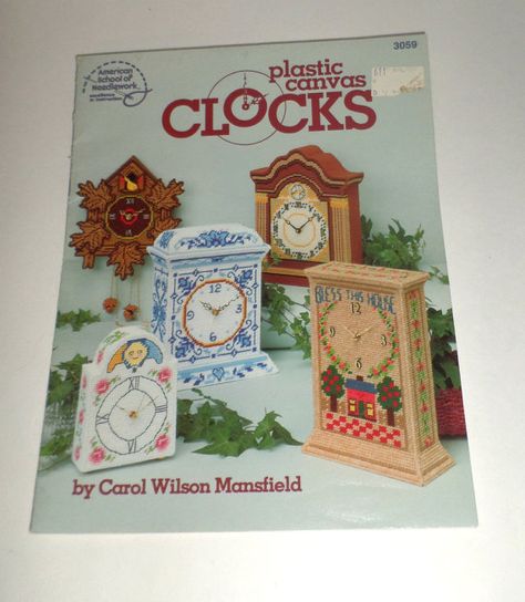 Plastic Canvas Clock Pattern Book  Clocks in by carriesattic Book Clock, Plastic Canvas Pattern, American School, Price Sticker, Vintage Crafts, Vintage Clock, Shelf Sitter, Plastic Canvas Patterns, Canvas Patterns