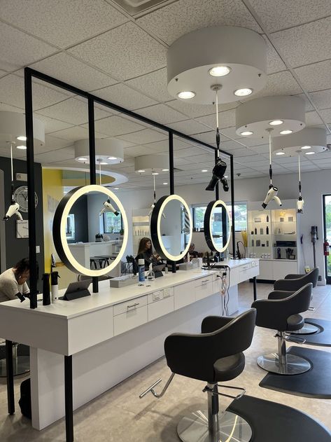 Beautiful salon space in Londonderry, NH. Cake Shop Design, Hello Hair, Salon Lighting, Beautiful Salon, Steel Furniture Design, Spa Interior Design, Blow Dryers, Salon Suites Decor, Blow Dry Bar