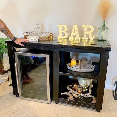 Small Bar With Mini Fridge, Mini Bar Man Cave, Diy Towel Shelf, Bar Cart With Mini Fridge, Coffee Bar Dresser, Black Coffee Bar, Bar Dresser, Diy Bar Cabinet, Mini Fridge Bar