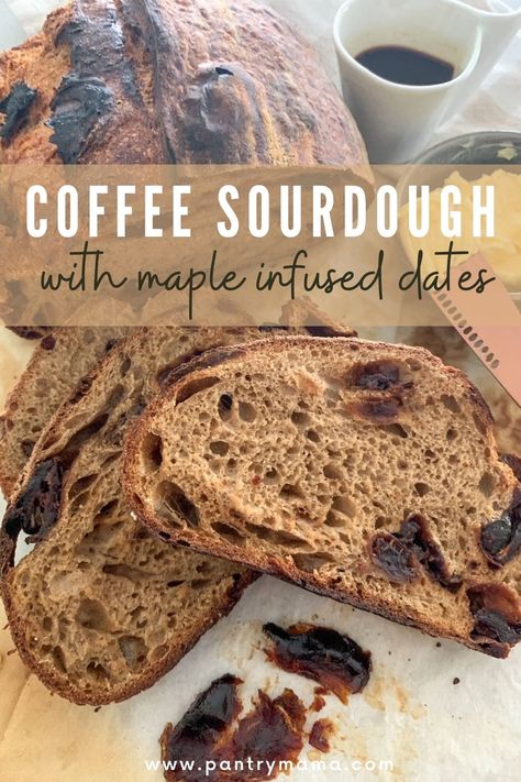 Coffee sourdough bread with maple infused dates - use coffee instead of water in this deliciously decadent sourdough coffee bread. Sourdough Bread Flavors, Sourdough Inclusions, Coffee Bread, Sourdough Starter Discard Recipe, Starter Recipes, Homemade Sourdough Bread, Sourdough Starter Recipe, Vital Wheat Gluten, Sourdough Baking