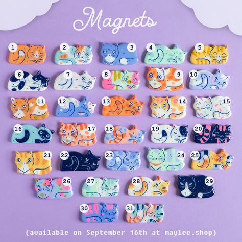 Cats incoming!  They will come in three categories: magnets, brooches and pin's. Make sure you remember your lucky number and... Clay Keychain, Clay Magnets, Hand Painted Cat, Air Dry Clay Projects, Pottery Painting Designs, Christmas Clay, Handmade Pins, Cute Polymer Clay, Hand Painted Jewelry