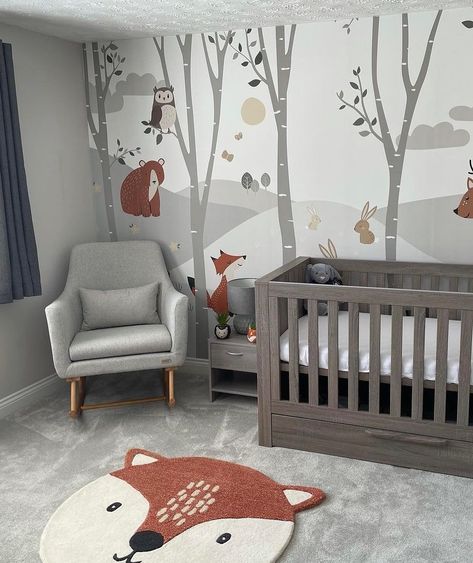 Check Out Nursery Ideas With Grey Furniture (Design Tips & Inspirations) Woodland Theme Nursery Gender Neutral, Whimsical Nursery Neutral, Nursery Woodland Theme, Whimsical Woodland Nursery, Woodland Nursery Ideas, Gender Neutral Woodland Nursery, Forest Nursery Theme, Winter Nursery, Wildlife Nursery