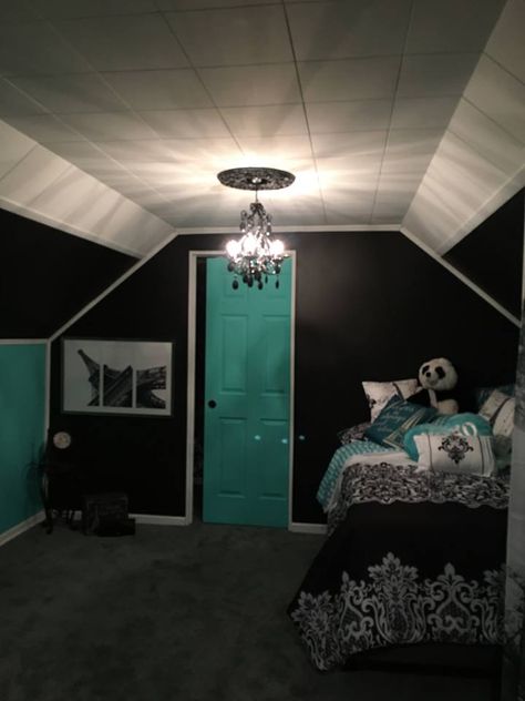 Paris, black white and teal attic bedroom Purple Teal And Black Bedroom, Black And Teal Bedroom Decor, Mint And Black Bedroom, Teal And Black Bedroom Ideas, Black And Teal Bedroom, Pink Paris Bedroom, Bedroom Teal, Bedroom Turquoise, Paris Bedroom