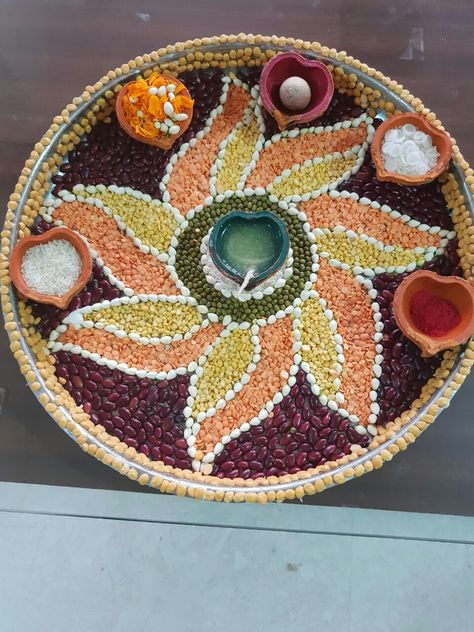 aarti of pulses Thali Decoration, Simple Rangoli Designs Images, Rangoli Designs Images, Simple Rangoli, Rangoli Designs, Ritual, Design