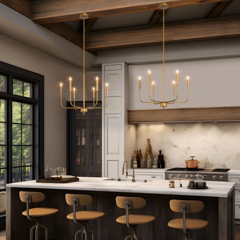 This 6-Light farmhouse mondern gold chandelier by Uolfin Lighting has a dark gold texture finish, full of a rustic feel. A Gold Chandelier Light Fixture with a candlestick is one of the typical transitional chandeliers on lowes.com. The dining room light fixture's graceful, seamless curvature and elongated tubular arms lend fluidity and modern appeal to this classic minimalist silhouette. The aged gold chandelier showcases minimalistic splendor crafted to achieve ultimate contemporary bliss with subtle details that draw the eye. The rustic metal chandelier body is bent upward by 6 branches to form a candle-shaped lamp holder. The minimalist foyer chandelier's arm can be rotated to adjust the angle you like, and the antique gold finish shows the taste of the homeowner. This kitchen island c Classic Chandeliers, Kitchen Chandelier, Kitchen Island Chandelier, Transitional Chandeliers, Dining Room Light Fixtures, Modern Farmhouse Island Lighting, Antique Dining Room, Farmhouse Kitchen Lighting, Antique Candle Sticks