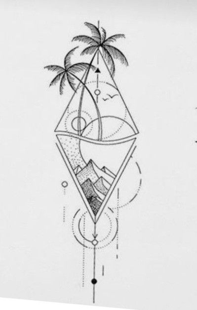 Mountain Palm Tree Tattoo, Triangle Palm Tree Tattoo, Beach Triangle Tattoo, Moon And Palm Tree Tattoo, Palm Trees And Mountains Tattoo, Sun Moon Palm Tree Tattoo, Tattoo Beach, Tree Tattoo Men, Mother Son Tattoos