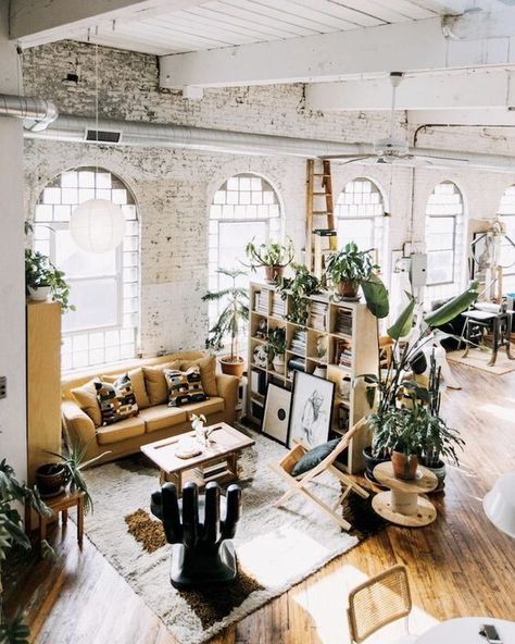 Our TOP favorite modern-meets-industrial loft designs   interiors. Whether creating for your small apartment or house, click to see some insanely dreamy industrial inspired loft spaces with different boho, airy, even farmhouse vibes - and shop our hand-picked furniture   decor pieces from rugs to coffee tables - perfect for any loft bedroom space, living room, kitchen, or corner! #industrialloft #modernloft #loftdesign Industrial Design Diy, Loft Apartment Decorating, Bohemian Apartment, Loft Inspiration, Home Atelier, Studio Apartment Design, Soho Loft, Industrial Home Design, Scandinavian Style Home