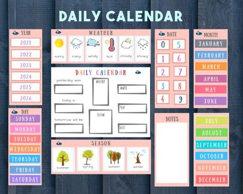 Check out this item in my Etsy shop https://www.etsy.com/uk/listing/884422752/perpetual-kids-calendar-printable Kids Math Activities, Preschool Calendar, Calendar Worksheets, Morning Meeting Activities, Calendar For Kids, Meeting Activities, Interactive Calendar, Morning Board, Learn To Tell Time