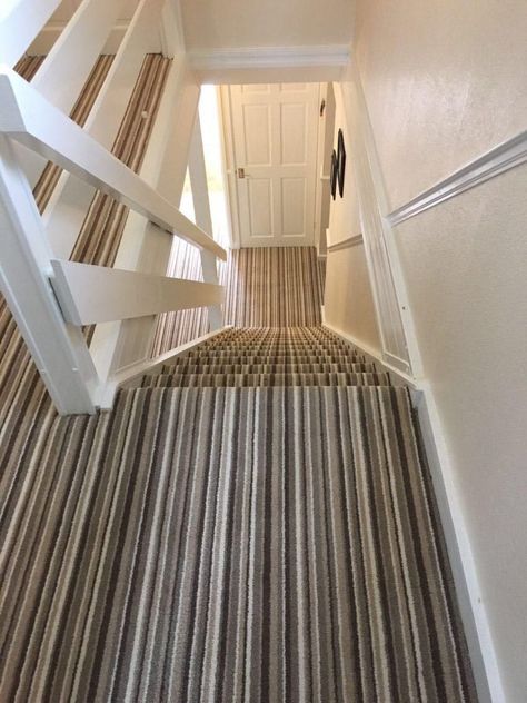 Spectacular striped carpet on stairs fitted in Plumpton. Aesthetic Kitchen Design, Best Carpet For Stairs, Striped Hallway, Clocks Aesthetic, Carpet On Stairs, Stairs Landing Carpet, Stairway Carpet, Blue Walls Living Room, Door Aesthetic