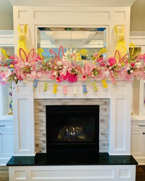 Easter Mantel Decorating Ideas, Easter Fireplace Mantel Decor, Easter Mantle Decor, Easter Mantel, Spring Mantle Decor, Easter Mantle, Spring Mantle, Ribbon Wreaths, Mantel Ideas