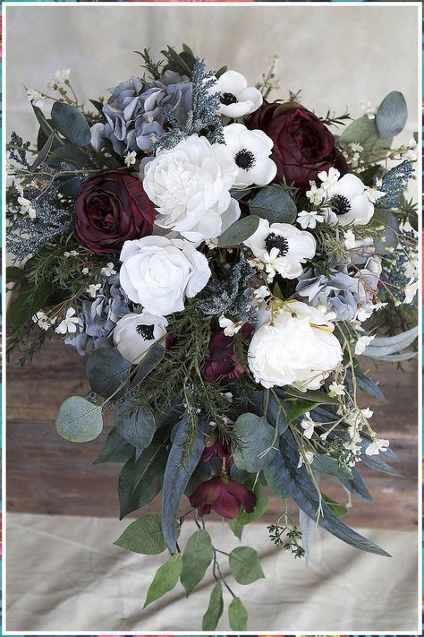 A winter wedding bouquet from Amazon: Let your love bloom on your big day. Anemone Bouquet, Wedding Flower Guide, Flower Types, Burgundy Bouquet, Silk Bridal Bouquet, Blue And Burgundy, Flower Guide, Cascade Bouquet, Wedding Theme Colors