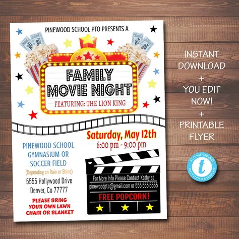 EDITABLE Movie Night Flyer Printable PTA PTO Flyer School | Etsy Pta Organization, Movie Night Poster, Pto Flyers, Movie Night Flyer, Charity Work Ideas, Cinema Party, Movie In The Park, Fun Fundraisers, Fundraiser Event