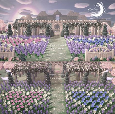 Flower Ideas Acnh, Elegant Core Acnh, Acnh Temple, Acnh Elegant, Acnh Zen Garden, Acnh Terraforming, Kawaii Island, Heart Garden, Pink Island