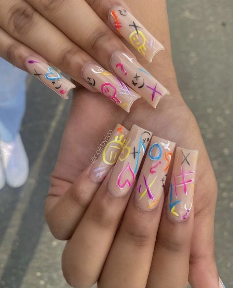 Nails Basic, Rave Nails, Graffiti Nails, Funky Nail Designs, 2025 Spring, Nails Opi, Nails Art Designs, Hippie Nails, Simple Acrylic Nails