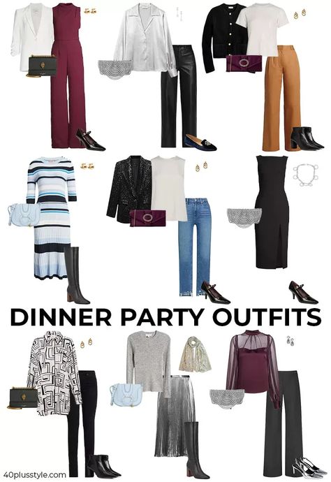 Dinner party outfits | 40plusstyle.com Inlaws Dinner Outfit, Outfit For Work Party, Cocktail Outfits For Women, Dinner Party Outfit Classy, Casual Dinner Party Outfit, Dinner Party Outfit Ideas, Work Event Outfit Evening, Formal Dinner Outfit, Dinner Outfits For Women