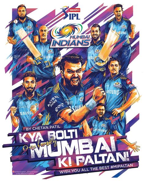 Illustration, Graphic Design, Branding, Adobe Photoshop sports graphics cricket IPL Mumbai Indians Ipl, Mi Wallpaper, Player Quotes, Indian Logo, Ipl 2020, Virat Kohli Instagram, Indian Illustration, India Cricket Team, Naruto Sketch Drawing