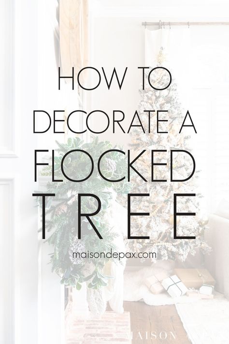 Tips on how to decorate a flocked tree beautifully! #christmastree #christmasdecor Farmhouse Flocked Christmas Tree Ideas, Flocked Tree Ideas, Flocked Trees Ideas, Flocked Trees Decorated, Beautiful Christmas Trees Decorated, White Flocked Christmas Tree, Metallic Ornaments, Garland Ribbon, Flocked Garland