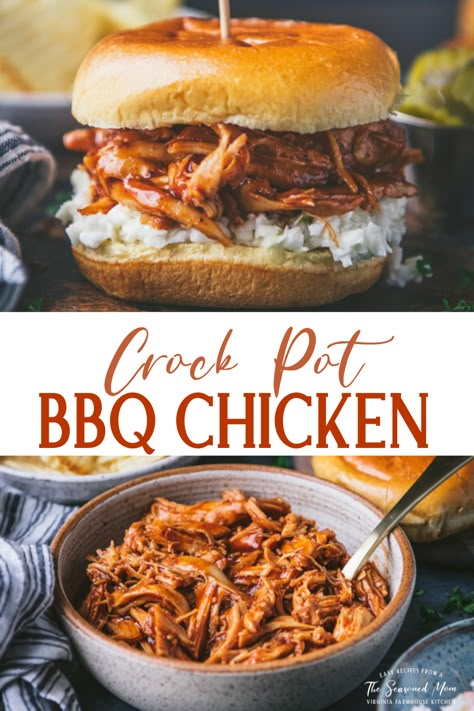 An easy dinner recipe comes to the rescue! Crockpot BBQ Chicken is a family-friendly meal that only requires about 5 minutes of prep. Serve it on a salad, stuff it in sandwiches, or wrap it in tortillas -- the freezer-friendly, versatile meat appeals to just about everyone at the table. We love the sweet and savory pulled bbq chicken recipe with cornbread, biscuits, mac and cheese, collard greens, or coleslaw. Best Crockpot Bbq Chicken, Easy Pulled Chicken, Slow Cooker Bbq Pulled Chicken, Crockpot Bbq Chicken, Bbq Pulled Chicken Sandwiches, Bbq Pulled Chicken, Pulled Chicken Sandwiches, Best Crockpot, Bbq Chicken Crockpot