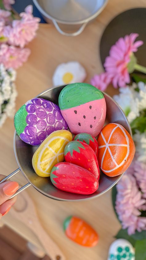 Rock Painting Preschool, Rocks Painted As Food, Rock Play Food, Painted Rock Food For Kids, Painted Rocks Kids Food, Painted Rock Play Food, Rock Food For Mud Kitchen, Toddler Rock Painting, Mud Kitchen Painted Rocks