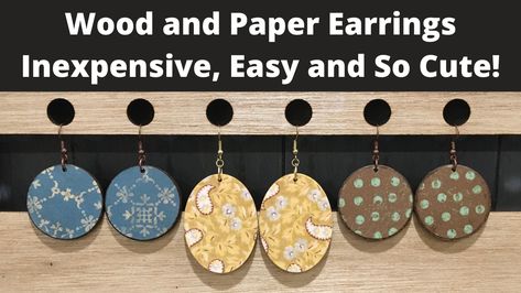 Inexpensive, easy and so cute! Diy Wood Earrings, Wood Jewelry Diy, Diy Scrapbook Paper, Diy Earrings Easy, Decoupage Wood, Wood Earring, Decoupage Diy, Paper Bead Jewelry, Jewerly Beads