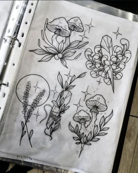 Herbalism Tattoo Ideas, Witch Mushroom Tattoo, Simple Walk In Tattoos, Portfolio Design Tattoo, Mushroom Tattoo Drawing, Tattoo Portfolio Examples, Tattoo Flash Inspiration, Small Neotraditional Tattoo Design, Tattoo Flash Neotrad