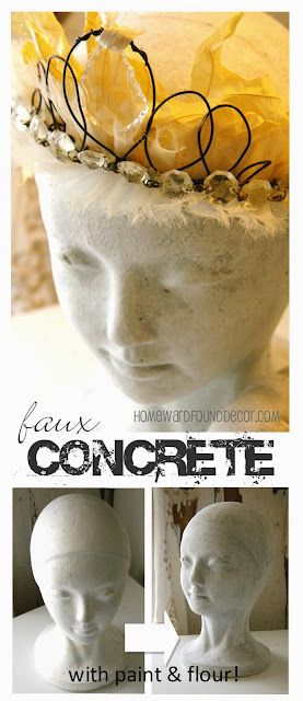 Cement Decor Diy, Faux Concrete Paint, Cement Decor, Concrete Paint, Styrofoam Head, Dollar Tree Pumpkins, Cement Art, Head Planters, Concrete Crafts