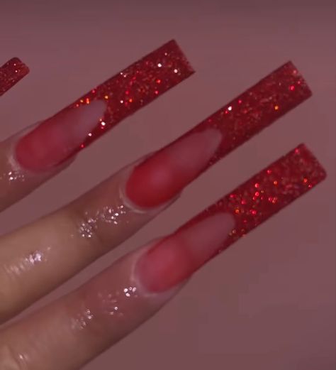 Long Acrylic Nails Red, French Tip Glitter, Acrylic Nails Red, Acrylic French Tip, Baby Shower Nails, Acrylic French, Red Nails Glitter, Glitter French Tips, Glitter Nails Acrylic