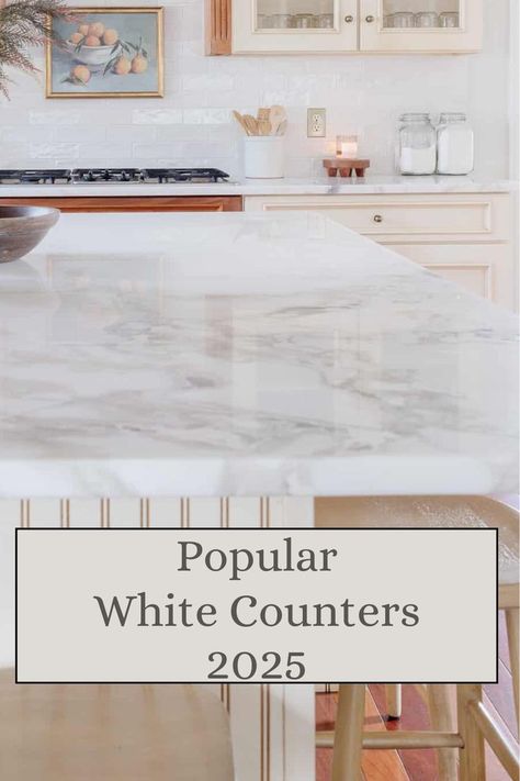 White kitchen countertops never go out of style! From off-white tones to bright white granite and classic marble, these countertops will elevate any kitchen space. Perfect for adding light and elegance, white countertops create a clean, modern vibe. Explore our favorite white kitchen countertop ideas and bring your dream kitchen to life Solid Surface Countertops White, Stratus White Quartz Countertops Kitchen, White Kitchen Counters Quartz, White Gold Countertops Kitchen, Silestone Lyra Quartz Countertops, White Kitchen Countertops Granite, White Santorini Quartzite, Calacatta Marble Countertops, White Porcelain Kitchen Sink