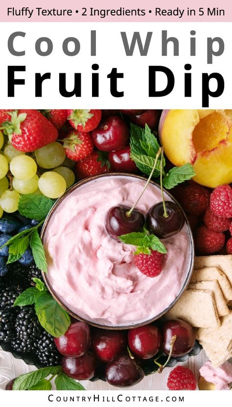 Looking for a creamy and delicious fruit dip that’s quick to make? Look no further than this fluffy Cool Whip fruit dip! This rich and satisfying Cool Whip cream cheese fruit dip is the easiest, quickest snacks you’ll ever make.  You only need 2 ingredients and 5 minutes to whip up the easy recipe. This dip goes perfectly with all your favorite fruits and adds a pretty pop of color to your fruit platter. Serve it chilled on a colorful fruit tray for a refreshing treat! | CountryHillCottage.com Cool Whip Fruit Dip, Sweet Dips Recipes, Strawberry Fruit Dips, Strawberry Cheesecake Dip, Salad Meals, Easy Fruit Dip, Cream Cheese Fruit Dip, Easter Fruit, Fruit Dips Recipes