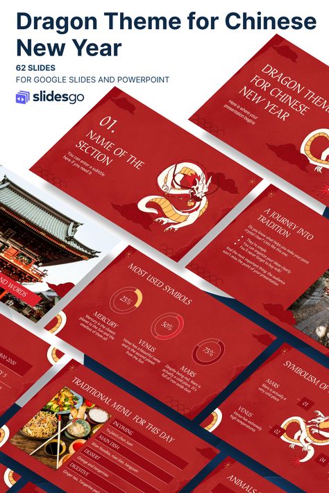 Dragon Theme for Chinese New Year Chinese Presentation Design, Red Illustration, Chinese Theme, Chinese New Year Design, Presentation Layout, Ppt Design, Power Point Template, Can Organizer, Google Slides Themes