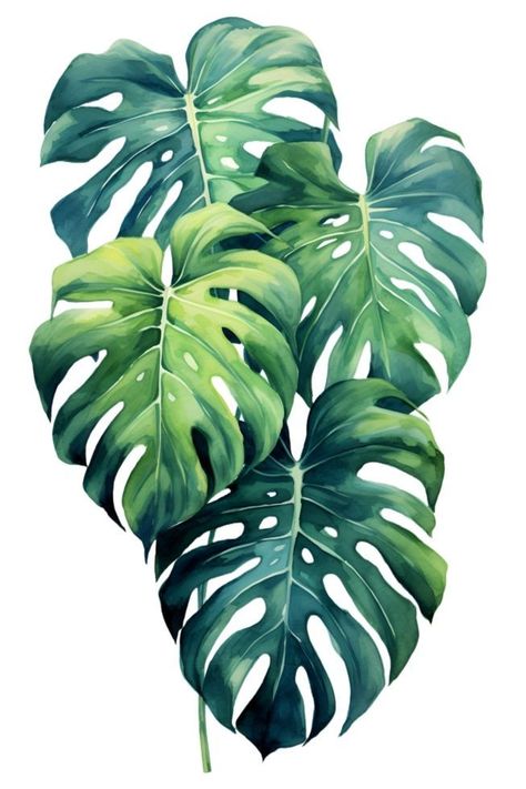 Monstera Illustration Drawings, Watercolor Art Monstera, Monstera Leaf Wall Art, Plant Leaves Painting, Monstera Leaves Painting, Leaf Drawing Reference, Flowers And Leaves Painting, Painted Monstera Leaves, Different Leaves Drawings